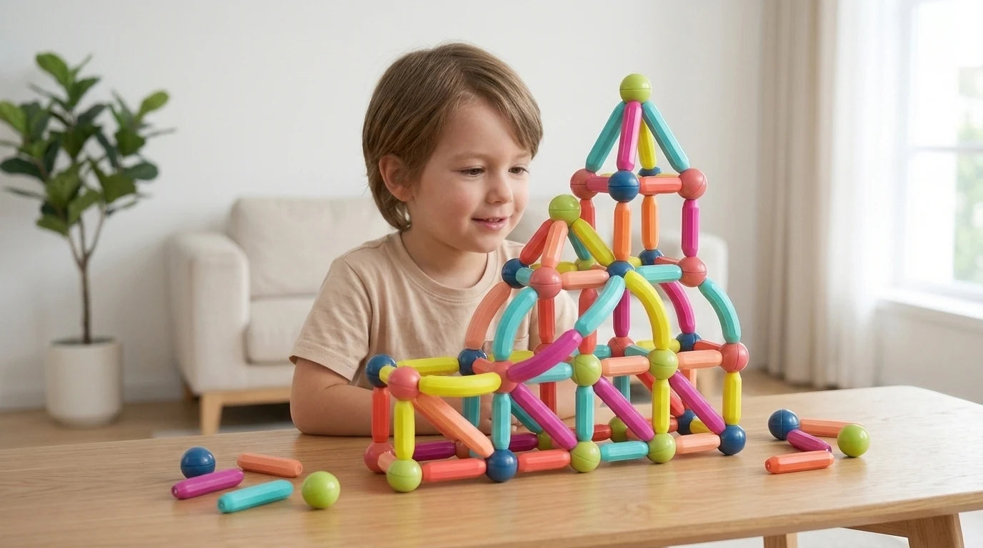 Niño con construcción terminada de bloques magnéticos
