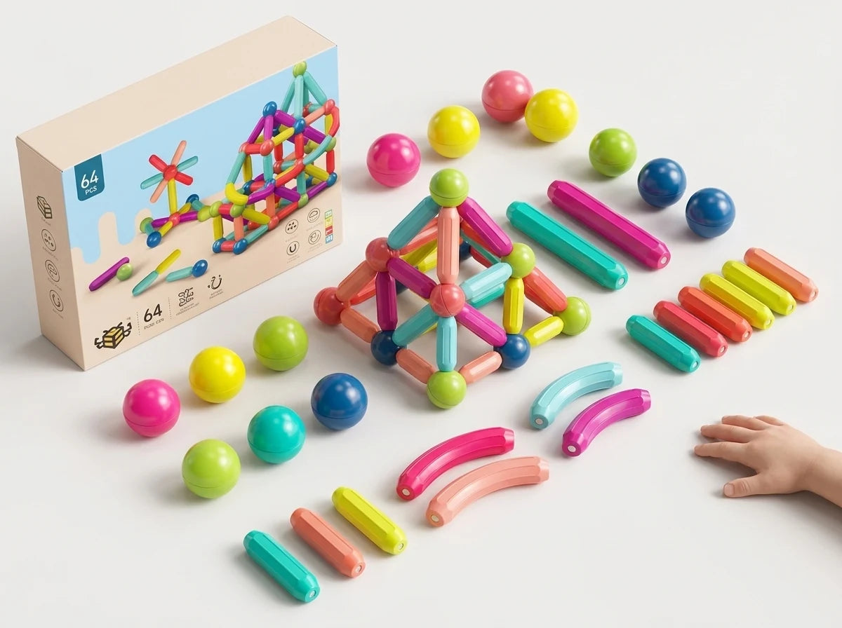 Producto Bloques Magnéticos — caja y piezas